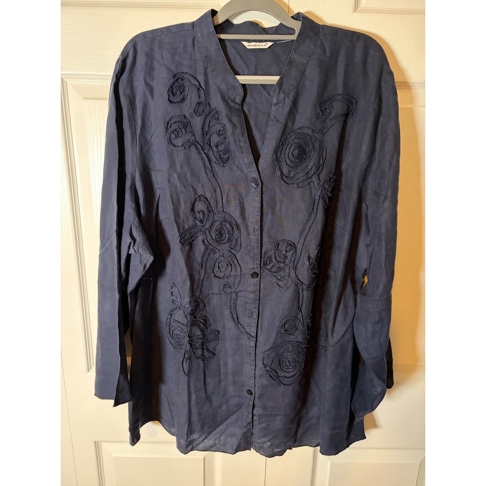 Malcolm & Co II Navy‎ Blue Embroidered Linen Button Down Shirt Women Large